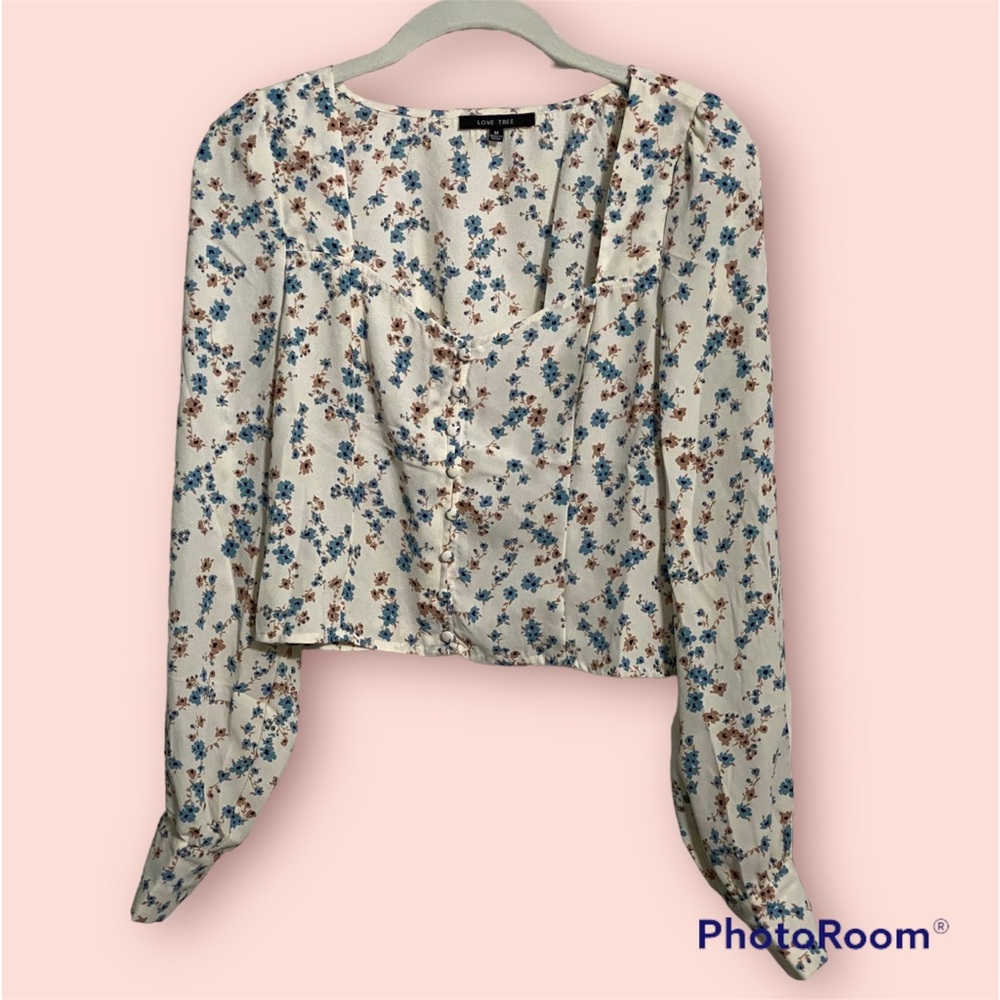 NEW•Love Tree Juniors Ivory/Floral Print LS top szM